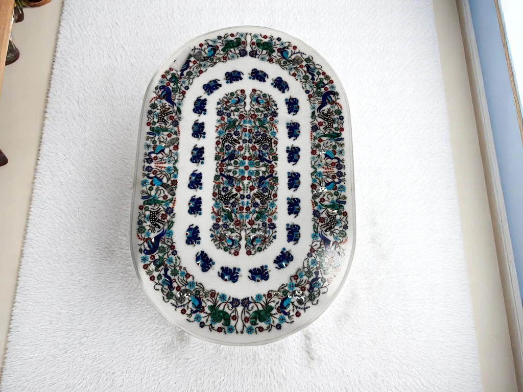 Luxurious White Marble Patio Table with Inlaid Multi Gemstones